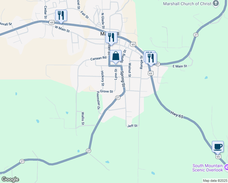 map of restaurants, bars, coffee shops, grocery stores, and more near 202 Lynn Street in Marshall