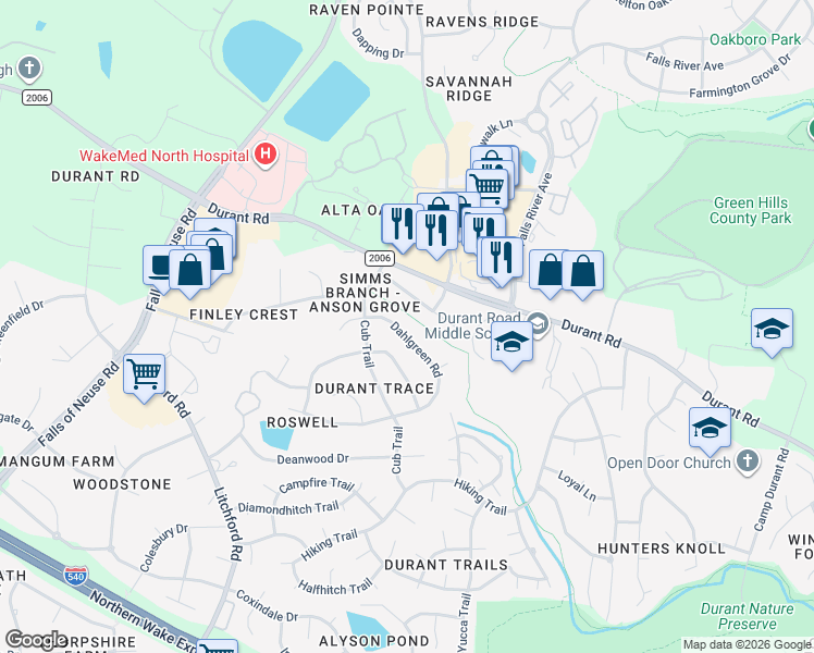 map of restaurants, bars, coffee shops, grocery stores, and more near 2904 Dahlgreen Road in Raleigh