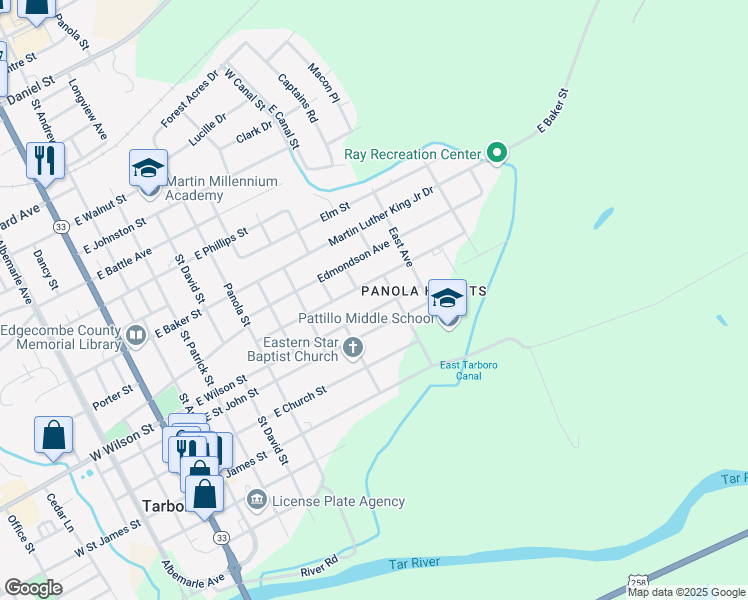 map of restaurants, bars, coffee shops, grocery stores, and more near 902 East Wilson Street in Tarboro