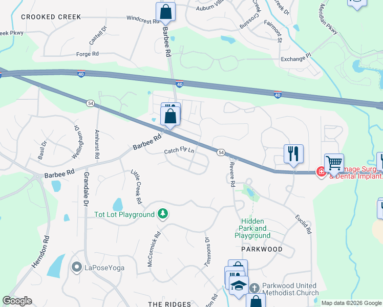 map of restaurants, bars, coffee shops, grocery stores, and more near 1104 Lotus Lilly Drive in Durham