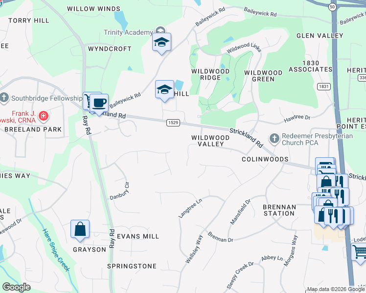 map of restaurants, bars, coffee shops, grocery stores, and more near 3101 Club Drive in Raleigh