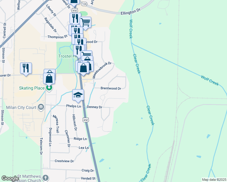 map of restaurants, bars, coffee shops, grocery stores, and more near 2033 Brentwood Dr in Milan