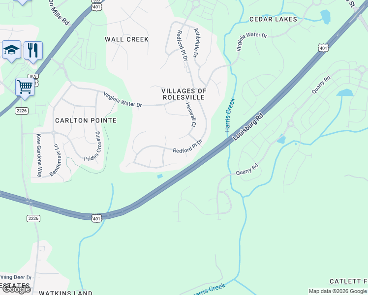 map of restaurants, bars, coffee shops, grocery stores, and more near 618 Redford Place Drive in Rolesville