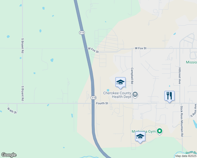 map of restaurants, bars, coffee shops, grocery stores, and more near 1120 Turpin Lane in Tahlequah
