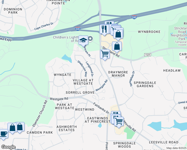 map of restaurants, bars, coffee shops, grocery stores, and more near 5309 Pitch Pine Court in Raleigh