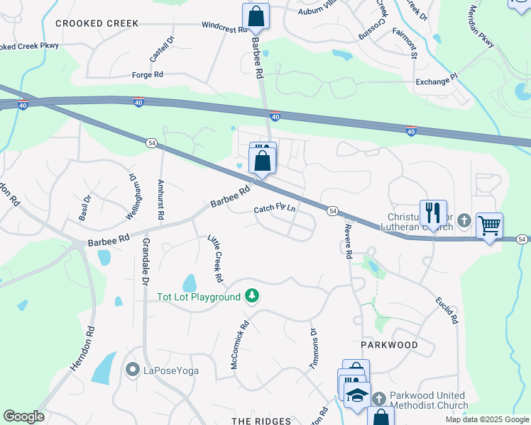 map of restaurants, bars, coffee shops, grocery stores, and more near 1114 Catch Fly Lane in Durham