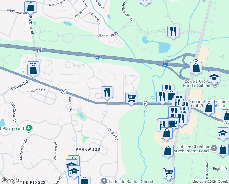 map of restaurants, bars, coffee shops, grocery stores, and more near 4512 Emerald Forest Drive in Durham