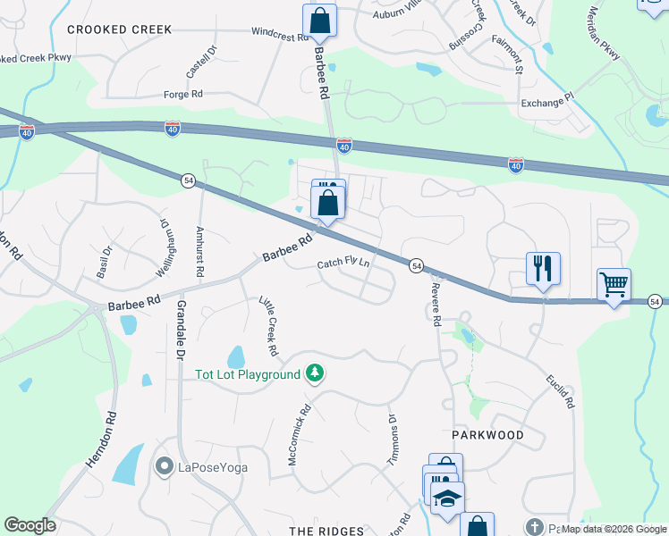map of restaurants, bars, coffee shops, grocery stores, and more near 1114 Catch Fly Lane in Durham