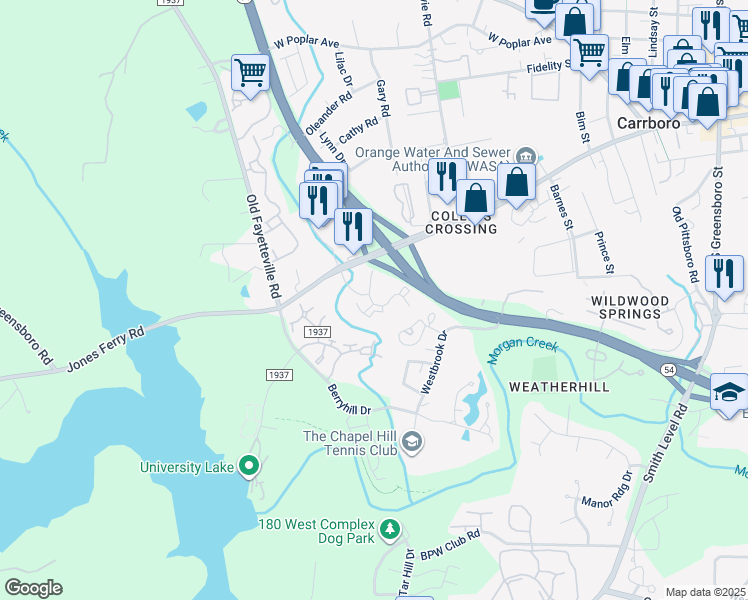 map of restaurants, bars, coffee shops, grocery stores, and more near 601 Jones Ferry Road in Carrboro