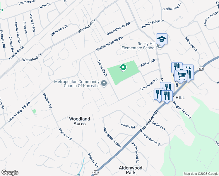 map of restaurants, bars, coffee shops, grocery stores, and more near 1108 Tranquilla Drive in Knoxville