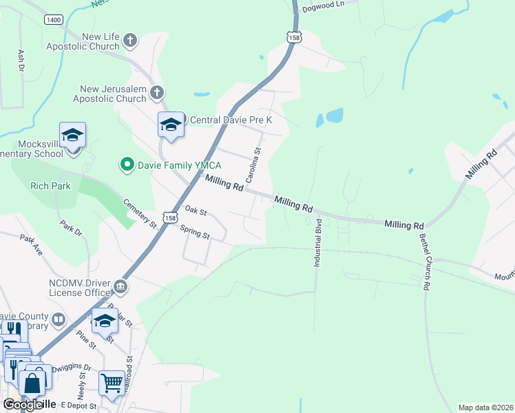 map of restaurants, bars, coffee shops, grocery stores, and more near 228 Milling Road in Mocksville