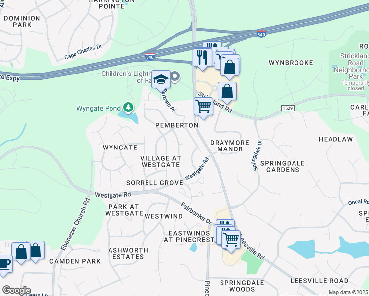 map of restaurants, bars, coffee shops, grocery stores, and more near 5305 Pitch Pine Court in Raleigh