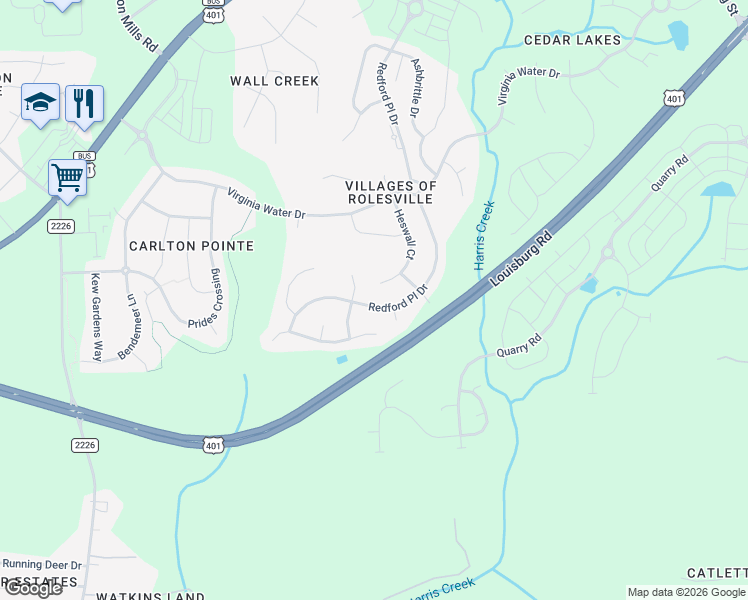map of restaurants, bars, coffee shops, grocery stores, and more near 630 Redford Place Drive in Rolesville