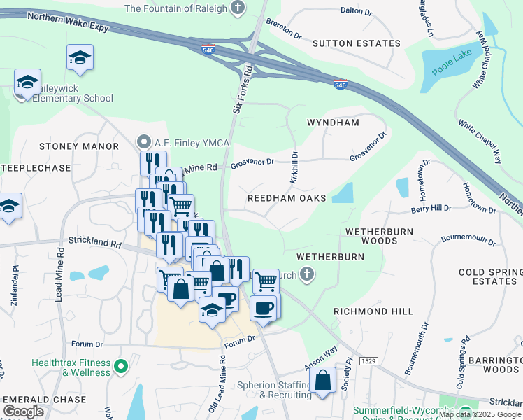 map of restaurants, bars, coffee shops, grocery stores, and more near 205 Reedham Way in Raleigh