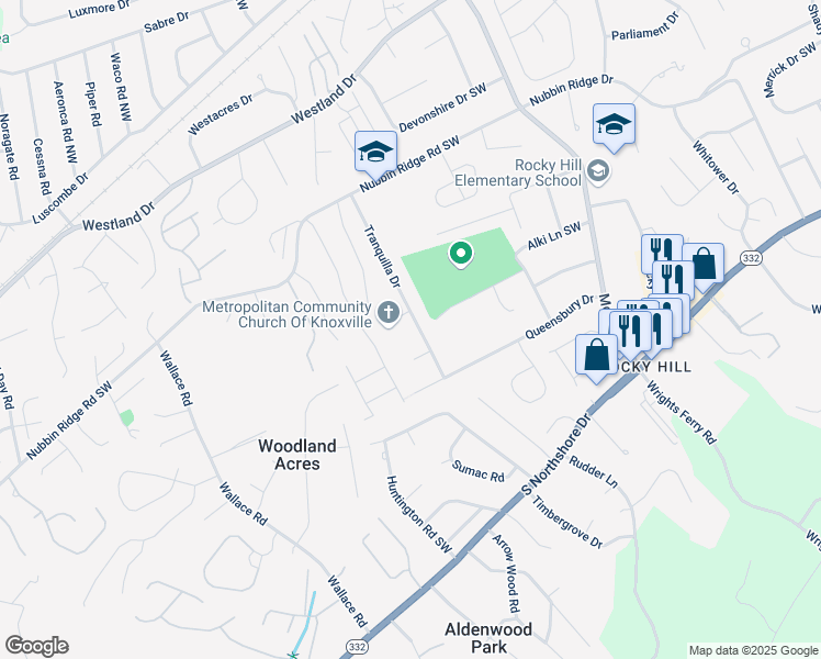 map of restaurants, bars, coffee shops, grocery stores, and more near 1108 Tranquilla Drive in Knoxville