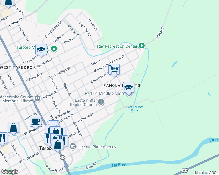 map of restaurants, bars, coffee shops, grocery stores, and more near 906 East Wilson Street in Tarboro
