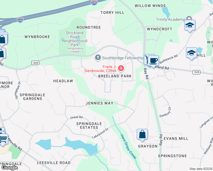 map of restaurants, bars, coffee shops, grocery stores, and more near 9238 Carlswood Court in Raleigh