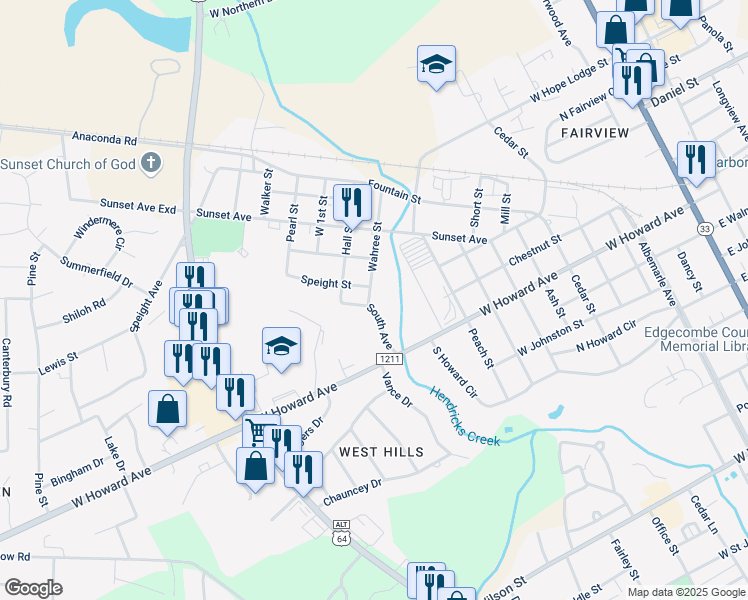 map of restaurants, bars, coffee shops, grocery stores, and more near 701 South Avenue in Tarboro