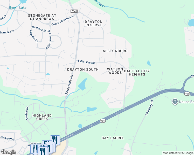 map of restaurants, bars, coffee shops, grocery stores, and more near 2800 Watson Woods Lane in Wake Forest