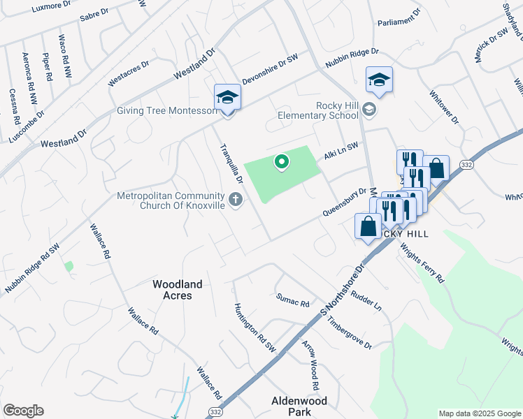 map of restaurants, bars, coffee shops, grocery stores, and more near 1108 Tranquilla Dr in Knoxville