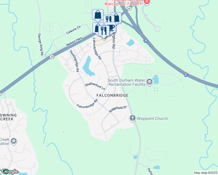 map of restaurants, bars, coffee shops, grocery stores, and more near 6511 Falconbridge Road in Chapel Hill