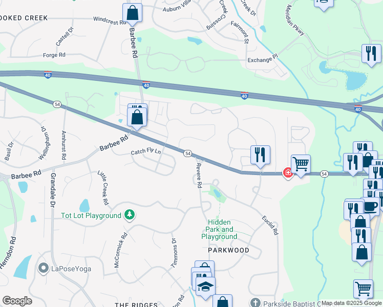 map of restaurants, bars, coffee shops, grocery stores, and more near 1429 North Carolina 54 in Durham