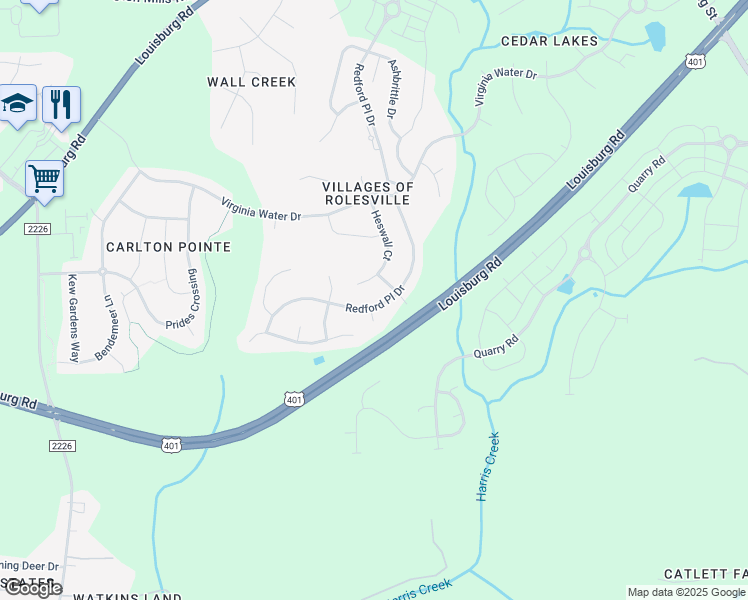map of restaurants, bars, coffee shops, grocery stores, and more near 614 Redford Place Drive in Rolesville