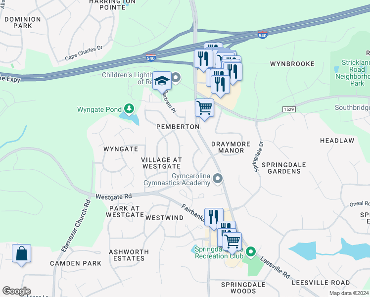 map of restaurants, bars, coffee shops, grocery stores, and more near 5305 Pitch Pine Court in Raleigh
