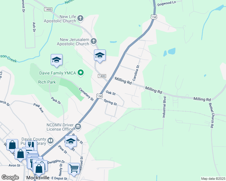 map of restaurants, bars, coffee shops, grocery stores, and more near 900 North Main Street in Mocksville