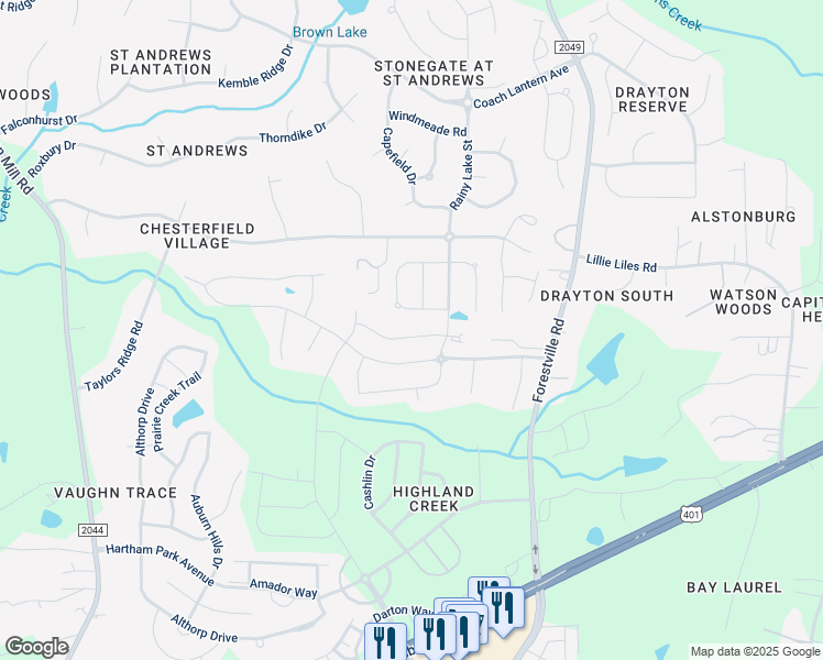map of restaurants, bars, coffee shops, grocery stores, and more near 3449 Norway Spruce Road in Raleigh