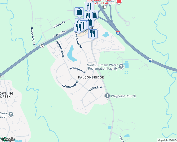 map of restaurants, bars, coffee shops, grocery stores, and more near 6511 Falconbridge Road in Chapel Hill