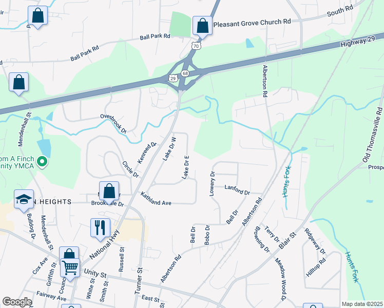 map of restaurants, bars, coffee shops, grocery stores, and more near 214 Lake Drive East in Thomasville