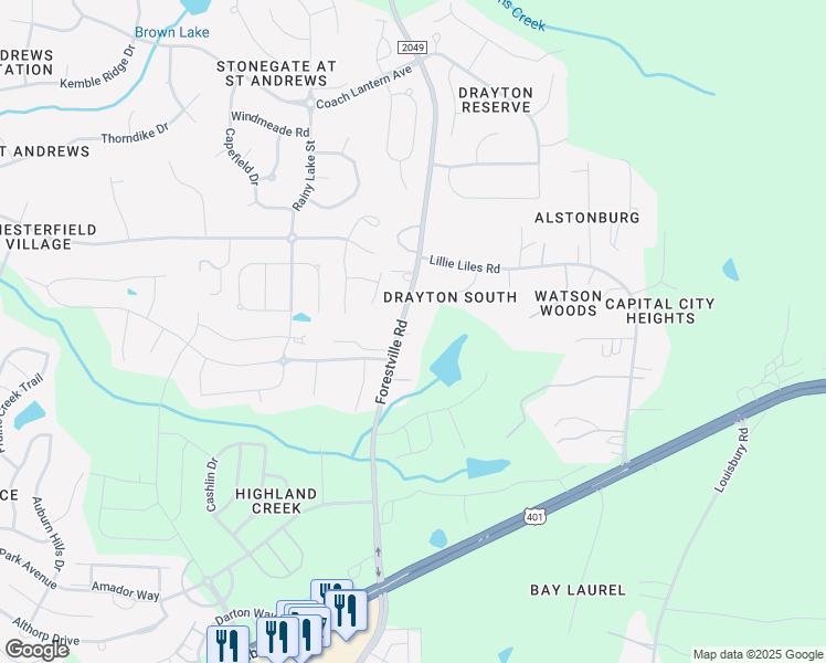 map of restaurants, bars, coffee shops, grocery stores, and more near 2601 Forestville Road in Wake Forest