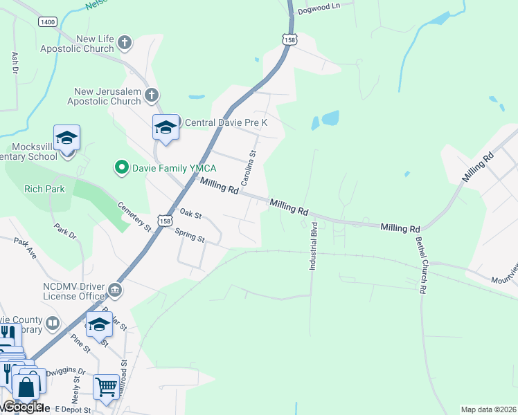 map of restaurants, bars, coffee shops, grocery stores, and more near 228 Milling Rd in Mocksville