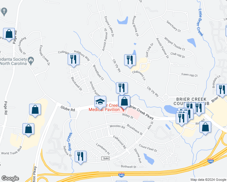map of restaurants, bars, coffee shops, grocery stores, and more near 11733 Broadfield Court in Raleigh