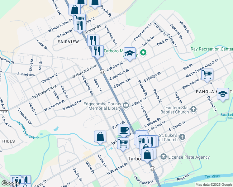 map of restaurants, bars, coffee shops, grocery stores, and more near 104 East Phillips Street in Tarboro