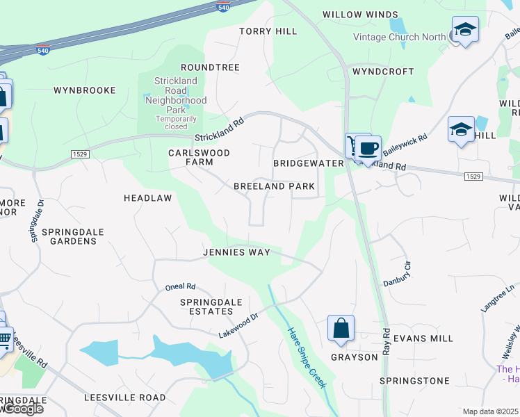 map of restaurants, bars, coffee shops, grocery stores, and more near 8817 Breeland Way in Raleigh
