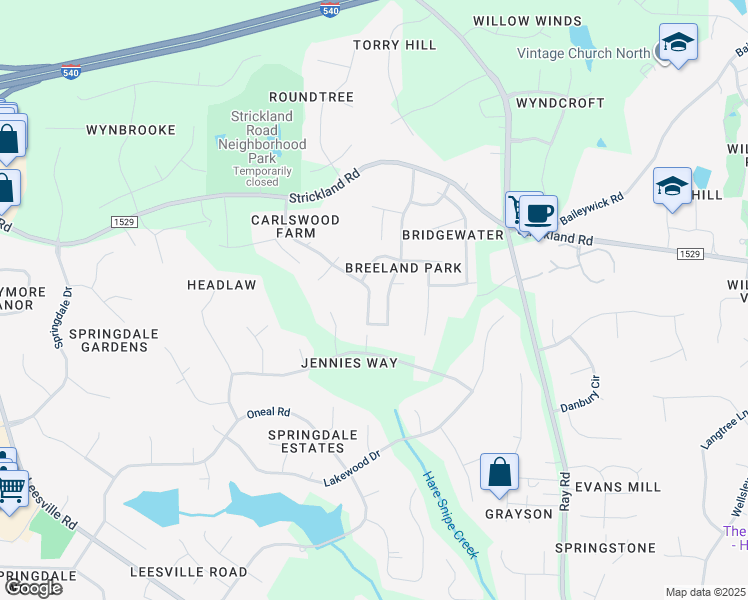 map of restaurants, bars, coffee shops, grocery stores, and more near 9238 Carlswood Court in Raleigh