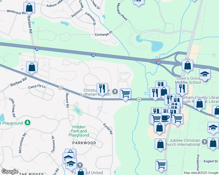 map of restaurants, bars, coffee shops, grocery stores, and more near 4512 Emerald Forest Drive in Durham