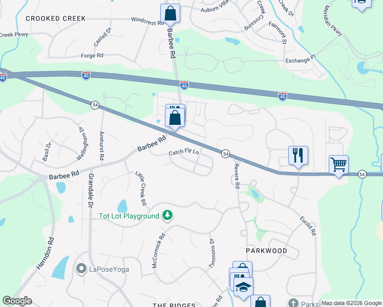 map of restaurants, bars, coffee shops, grocery stores, and more near 1104 Lotus Lilly Drive in Durham