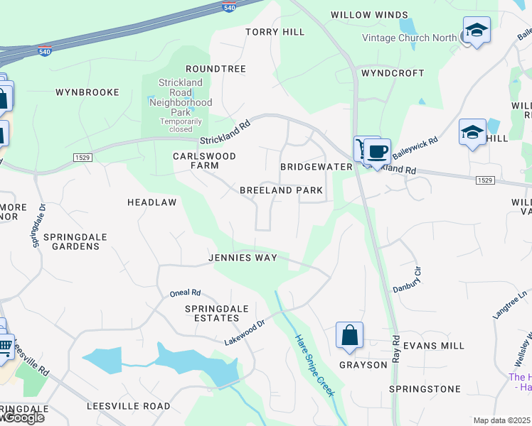 map of restaurants, bars, coffee shops, grocery stores, and more near 8817 Breeland Way in Raleigh