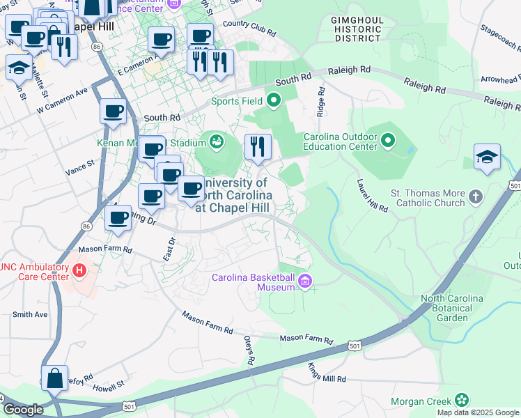 map of restaurants, bars, coffee shops, grocery stores, and more near 385 Manning Drive in Chapel Hill