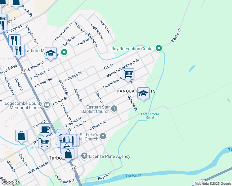map of restaurants, bars, coffee shops, grocery stores, and more near 815 Bradley Avenue in Tarboro