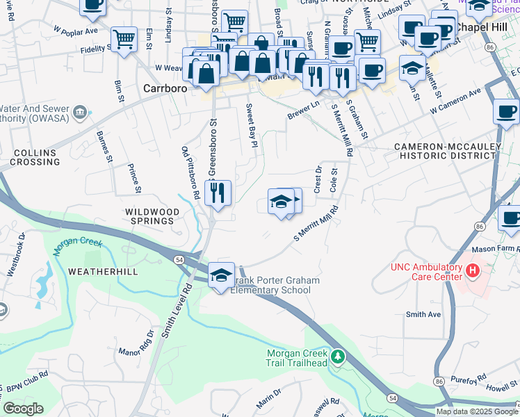 map of restaurants, bars, coffee shops, grocery stores, and more near 150 Lincoln Lane in Chapel Hill