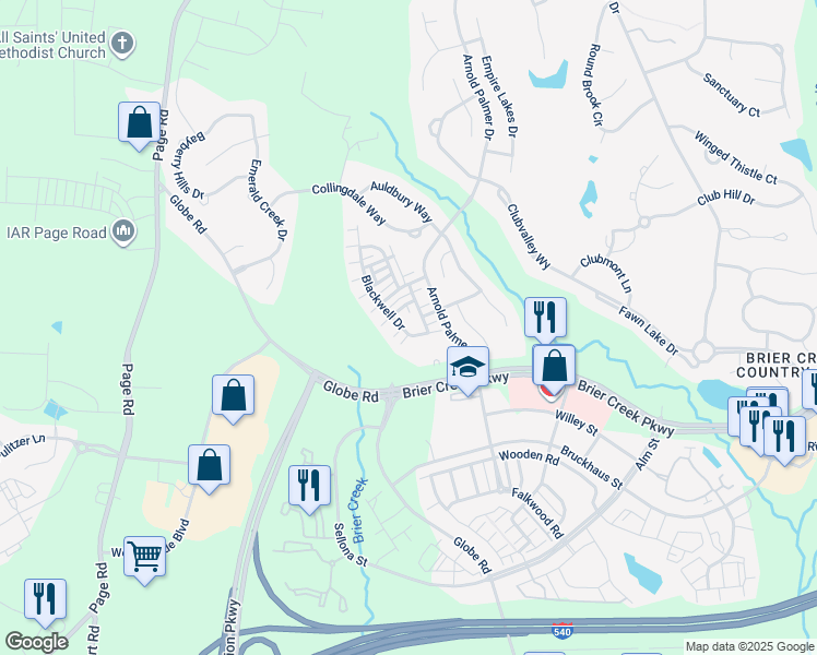 map of restaurants, bars, coffee shops, grocery stores, and more near 9820 Blackwell Drive in Raleigh