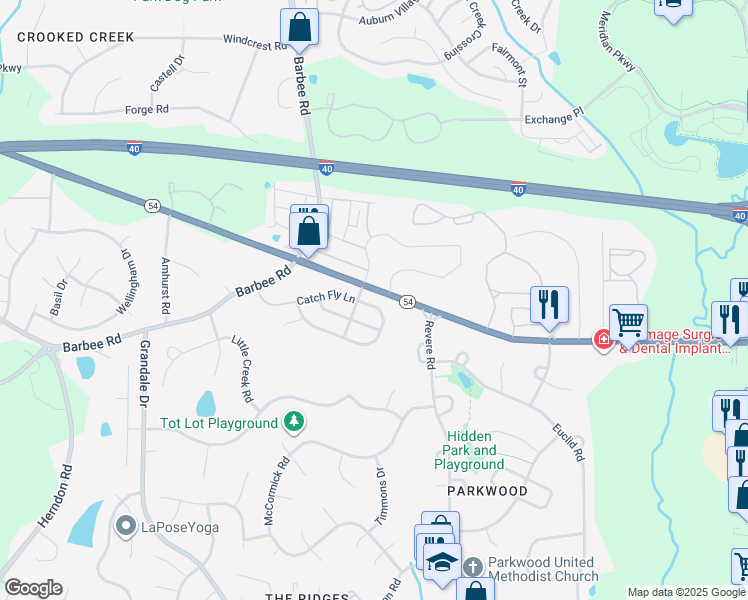 map of restaurants, bars, coffee shops, grocery stores, and more near 1313 Catch Fly Lane in Durham