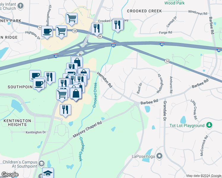 map of restaurants, bars, coffee shops, grocery stores, and more near 6703 Somerknoll Drive in Durham