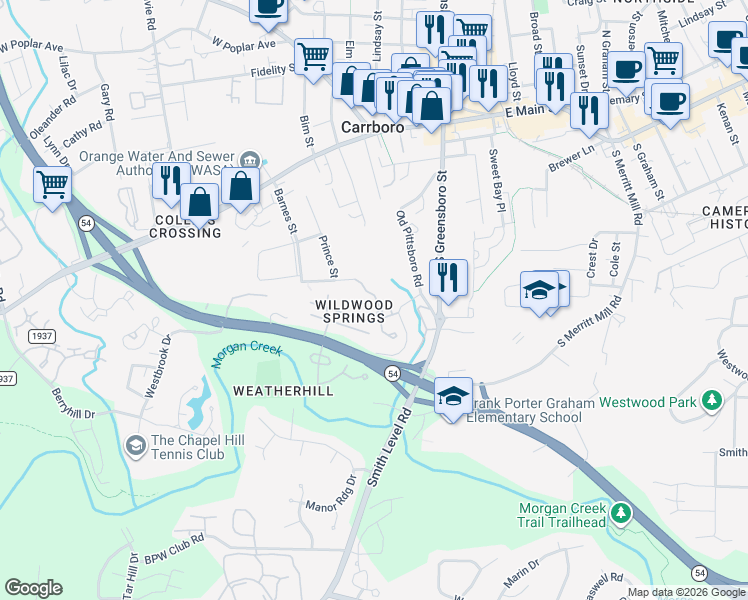 map of restaurants, bars, coffee shops, grocery stores, and more near 114 Lantern Way in Carrboro