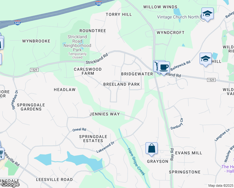 map of restaurants, bars, coffee shops, grocery stores, and more near 8800 Breeland Way in Raleigh