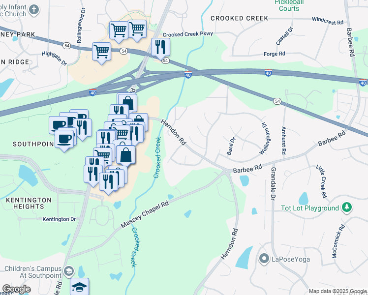 map of restaurants, bars, coffee shops, grocery stores, and more near 6703 Somerknoll Drive in Durham